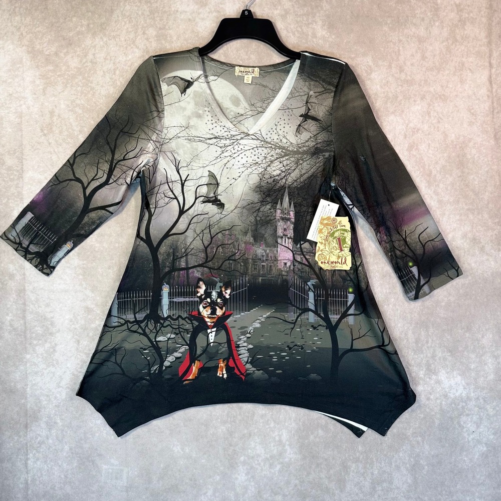 One World Tunic Women XS Black Haunted Castle Vampire Chihuahua Sharkbite Top